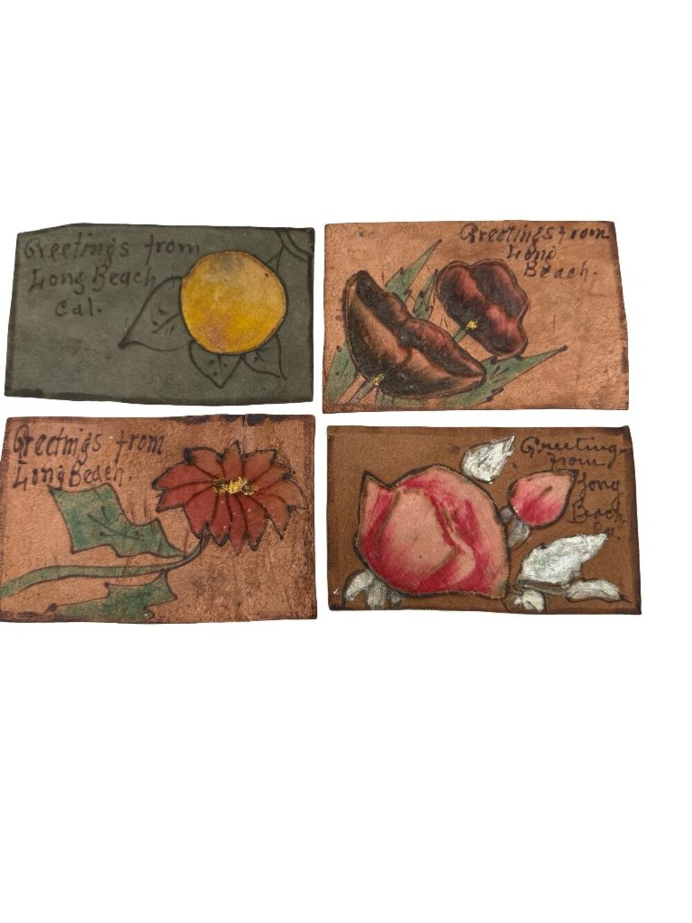 Lot 4 Vintage Leather Postcards Long Beach CA Floral Designs Greetings Souvenirs